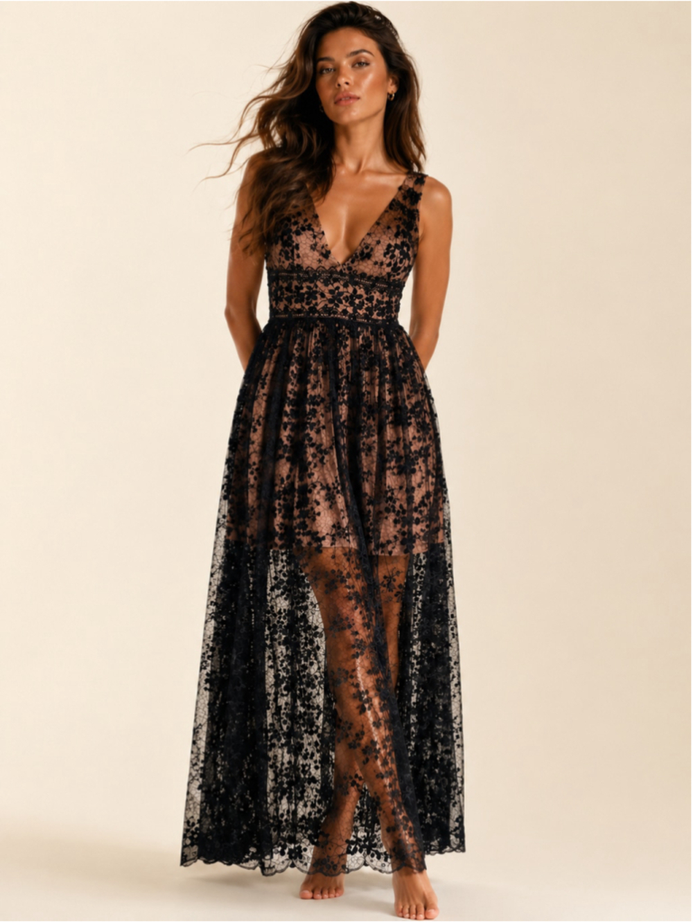 Bronx & Banco Megan Black Evening Gown Floral Lace Quiet Luxury Gala Wedding XL